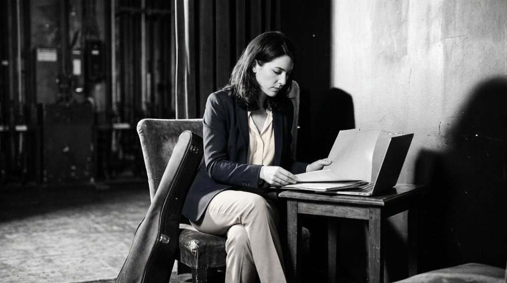 Musician reviewing her talent residence permit renewal file backstage